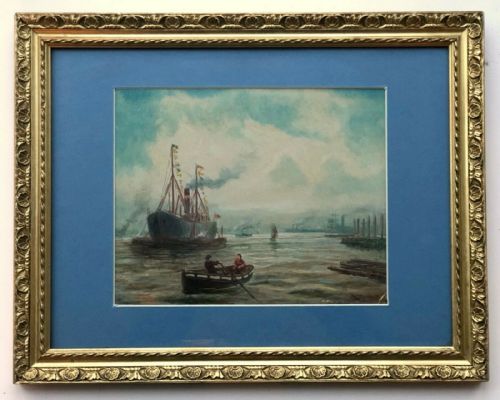 Signed Original 19th Century Antique Watercolour Painting Ship & Rowing Boats in Harbour
