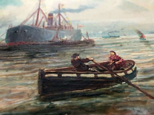 fig 1. Signed Original 19th Century Antique Watercolour Painting Ship & Rowing Boats in Harbour