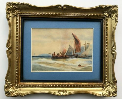 Signed M Fieldhouse 1895 Original 19th Century English Antique Watercolour Painting Fishing Boats