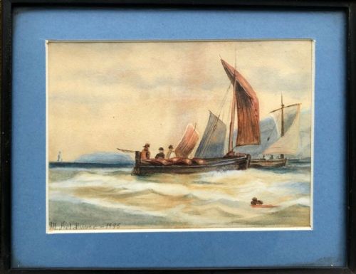 fig 1. Signed M Fieldhouse 1895 Original 19th Century English Antique Watercolour Painting Fishing Boats