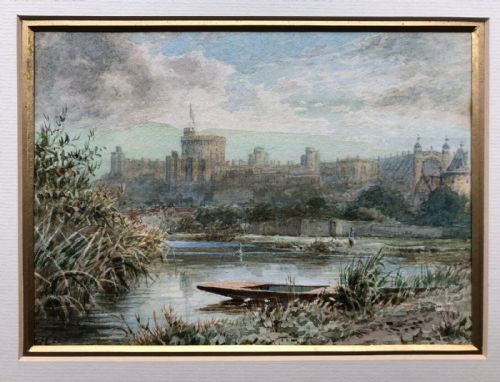 F J Lees Signed Original 19th Century Antique Watercolour Painting Windsor Castle from the River Thames English Landscape