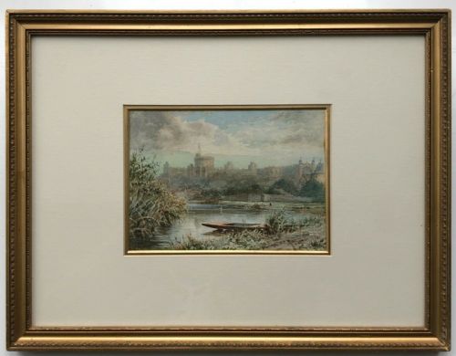 fig 1. F J Lees Signed Original 19th Century Antique Watercolour Painting Windsor Castle from the River Thames English Landscape