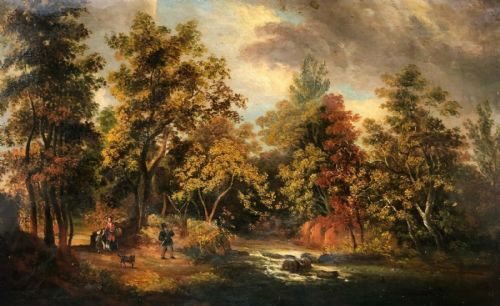 Original 19th Century English Antique Oil Painting Landscape River Scene with Man Fishing, Dog & Figures