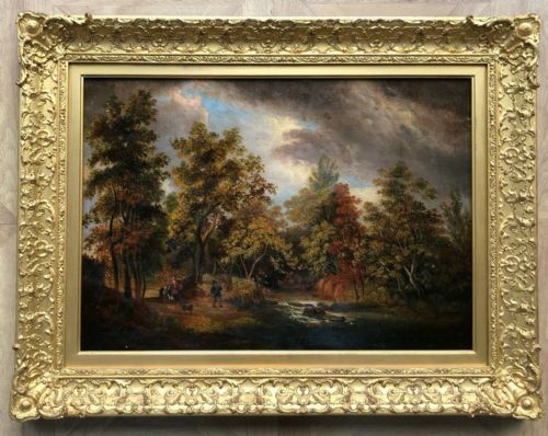 fig 1. Original 19th Century English Antique Oil Painting Landscape River Scene with Man Fishing, dog & Figures