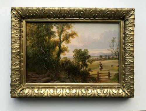 Original Antique Oil Painting Landscape Woman & Dog Extensive English Landscape