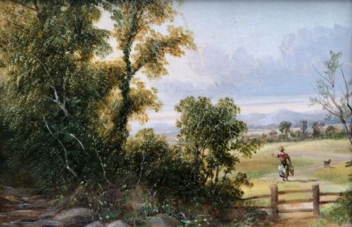 fig 1. Original Antique Oil Painting Landscape Woman & Dog Extensive English Landscape