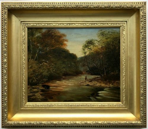 Original 19th Century Antique Oil Painting on Canvas Man Fishing by a River Landscape