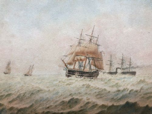 William Frederick Settle Original 19th Century Antique English Watercolour Painting Steam Sailing Ships Vessels in a Rough Sea Seascape