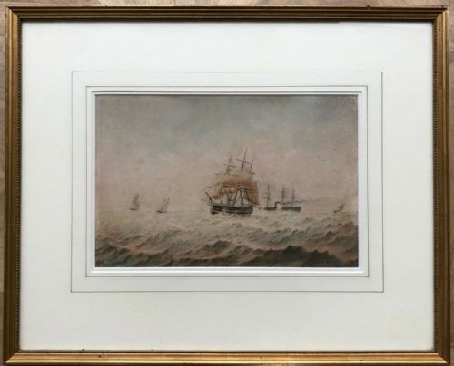 fig 1. William Frederick Settle Original 19th Century Antique English Watercolour Painting Steam Sailing Ships Vessels in a Rough Sea Seascape