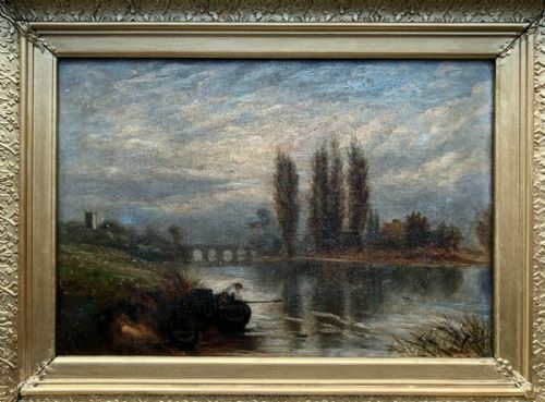 Original 19th Century Antique Oil Painting on Canvas Fishing Landscape Man by a River & Distant Bridge