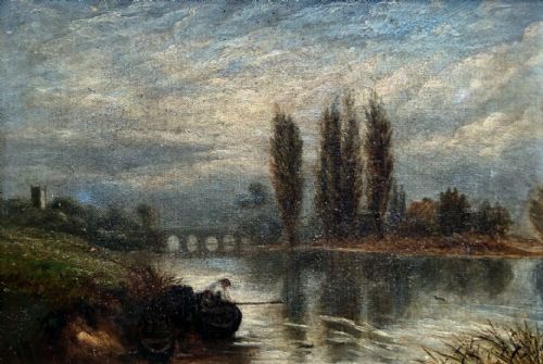 fig 1. Original 19th Century Antique Oil Painting on Canvas Fishing Landscape Man by a River & Distant Bridge