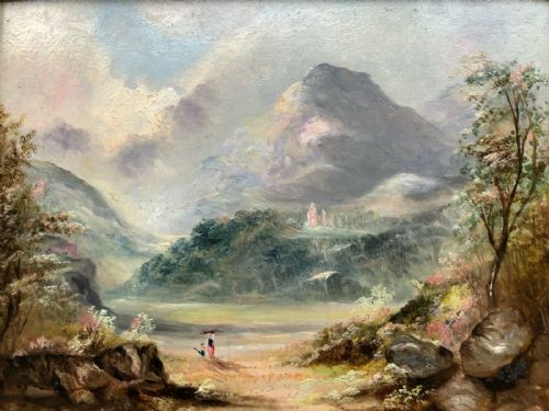 Original Antique Oil Painting Landscape Mountain Landscape View with Figures