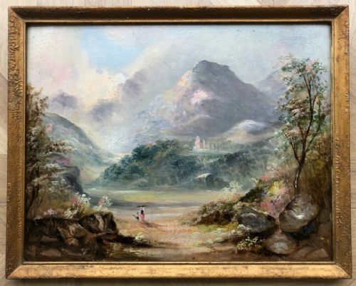 fig 1. Original Antique Oil Painting Landscape Mountain Landscape View with Figures