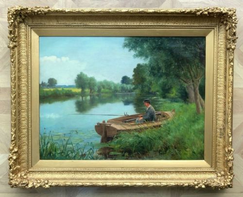 John Shirley Fox 1899 Signed Original 19th Century English Antique Oil Painting on Canvas Man in Fishing Boat River Landscape