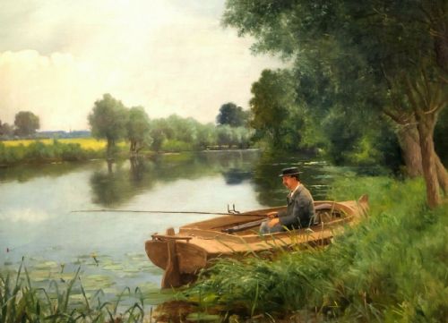 fig 1. John Shirley Fox 1899 Signed Original 19th Century English Antique Oil Painting on Canvas Man in Fishing Boat River Landscape