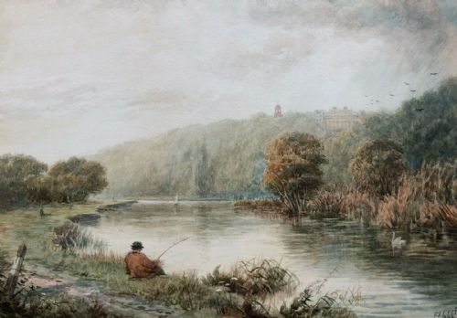F J Lees 1894 Original 19th Century English Antique Watercolour Painting 'Thames Fishing, Buckinghamshire' Cookham, Berkshire with Cliveden House