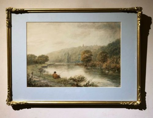 fig 1. F J Lees 1894 Original 19th Century English Antique Watercolour Painting 'Thames Fishing, Buckinghamshire' Cookham, Berkshire with Cliveden House