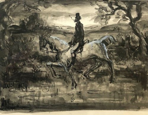Harold Hope Read Original Vintage Monochrome Watercolour Wash Painting Horse & Rider Hunting Landscape