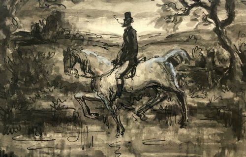 fig 1. Harold Hope Read Original Vintage Monochrome Watercolour Wash Painting Horse & Rider Hunting Landscape