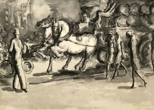 Harold Hope Read Original C 1920'S Monochrome Watercolour Wash Painting Three Ladies Approaching