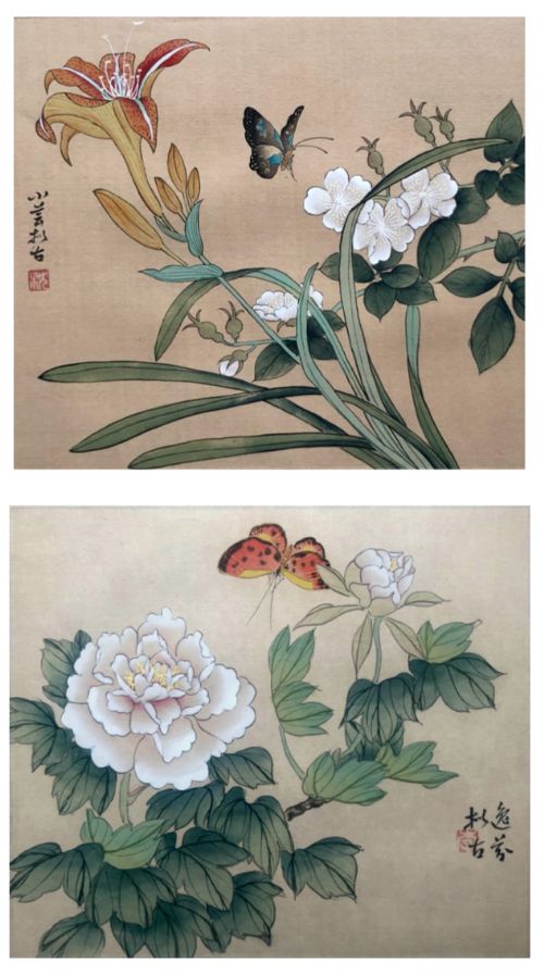 A Pair of Original Signed Vintage Chinese School Watercolour Silk Paintings Butterfly & Flower Studies