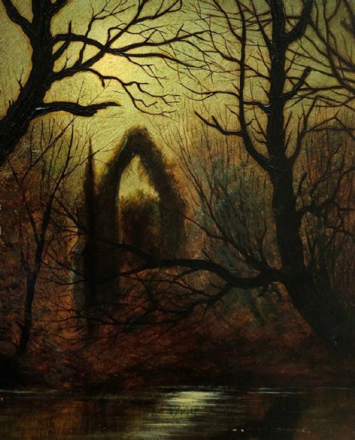 Manner of Atkinson Grimshaw Dated 1877 Original 19th Century English Antique Oil Painting Moonlight River & Abbey Ruins