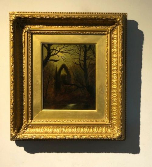 fig 1. Manner of Atkinson Grimshaw Dated 1877 Original 19th Century English Antique Oil painting Moonlight River & Abbey Ruins