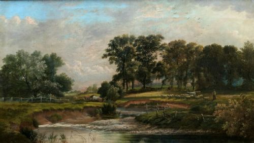 Monogram Signed 1882 Original 19th Century English Antique Oil Painting on Canvas Landscape River Figure Horses & Sheep