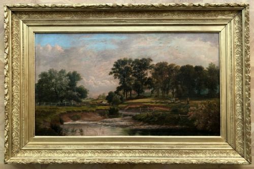 fig 1. Monogram Signed 1882 Original 19th Century English Antique Oil Painting on Canvas Landscape River Figure Horses & Sheep