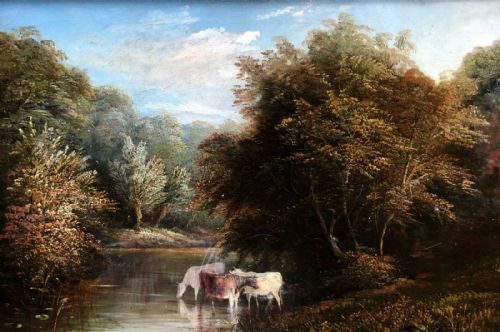 Original 19th Century Antique English Oil Painting on Canvas River Landscape with Cows Cattle Watering Upstream