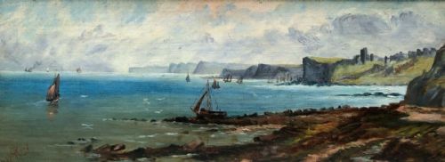 Original Antique Monogram Signed 1907 Oil Painting on Canvas Fishing Boats Coastal Landscape Scene