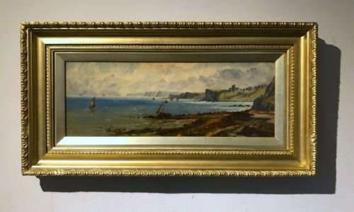fig 1. Original Antique Monogram Signed 1907 Oil Painting on Canvas Fishing Boats Coastal Landscape Scene