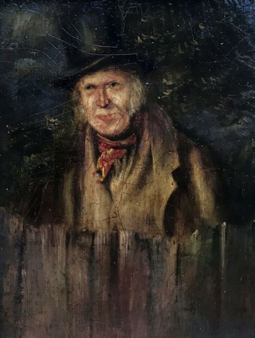 Original Early 19th Century Antique Framed Oil Painting on Board Portrait of Gentleman Top Hat & Red Cravat