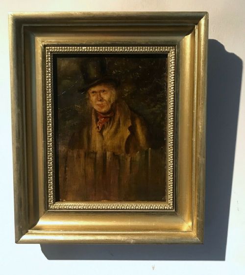 fig 1. Original Early 19th Century Antique Framed Oil Painting on Board Portrait of Gentleman Top Hat & Red Cravat
