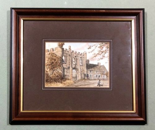 Original 19th Century English Antique Watercolour Landscape Painting of Mackworth Castle Gate Near Derby