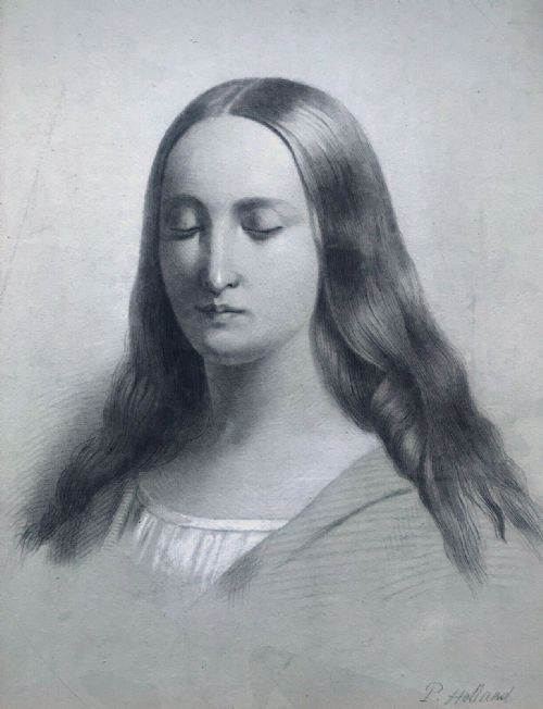 Signed P Holland Original Antique Pencil Drawing Portrait of a Renaissance Style Lady with Long Hair & Closed Eyes
