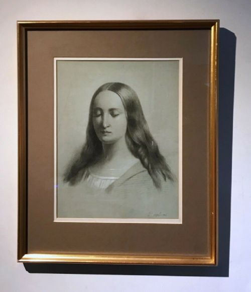 fig 1. Signed P Holland Original Antique Pencil Drawing Portrait of a Renaissance Style Lady with Long Hair & Closed Eyes