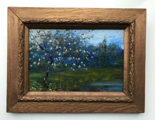 J Edward Homerville Hague Original Antique Oil Painting on Panel Magnolia Tree in Bloom