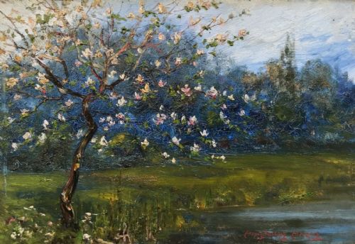 fig 1. J Edward Homerville Hague Original Antique Oil Painting on Panel Magnolia tree in Bloom