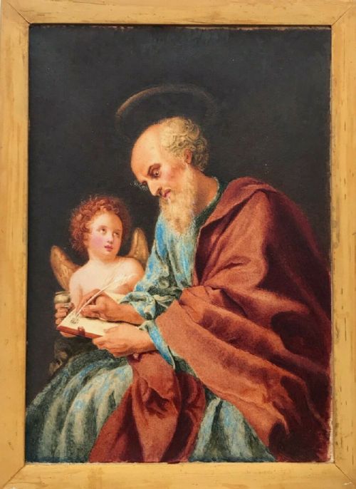 Original 19th Century Antique Watercolour Painting Saint Matthew Writing His Gospel, After Carlo Dolci