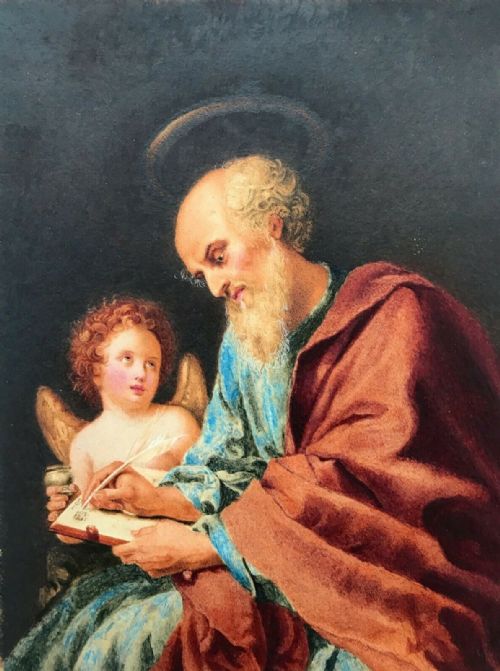 fig 1. Original 19th Century Antique Watercolour painting Saint Matthew Writing His Gospel, after Carlo Dolci