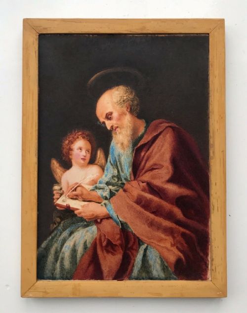 fig 2. Original 19th Century Antique Watercolour painting Saint Matthew Writing His Gospel, after Carlo Dolci