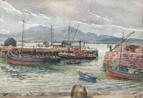 Hilda Mary Sides 1920 Original Early 20th Century Antique Watercolour Painting Cromarty Harbour Fishing Boats Scotland Seascape