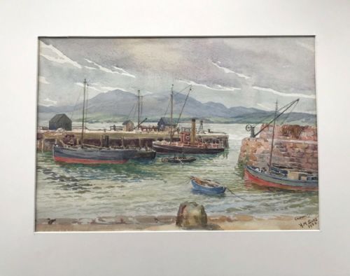 fig 1. Hilda Mary Sides 1920 Original Early 20th Century Antique Watercolour Painting Cromarty Harbour Fishing Boats Scotland Seascape