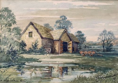 Original Signed Vintage Watercolour Painting Staffordshire Barn Landscape View