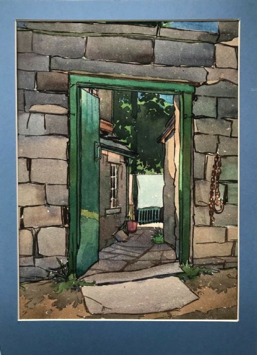 fig 1. Original Watercolour circa 1950 Watercolour Painting Derbyshire Gate House Yard & Garden View Landscape