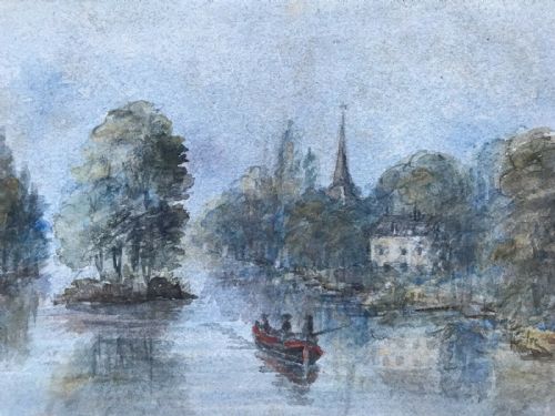 Original 19th Century English Antique 1879 Watercolour Painting Thames Ditton River Landscape View