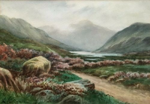 L Vallance Original Early 20th Century Antique Watercolour Painting Highland Lake & Mountain Landscape