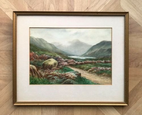 fig 1. L Vallance Original Early 20th Century Antique Watercolour Painting Highland Lake & Mountain Landscape