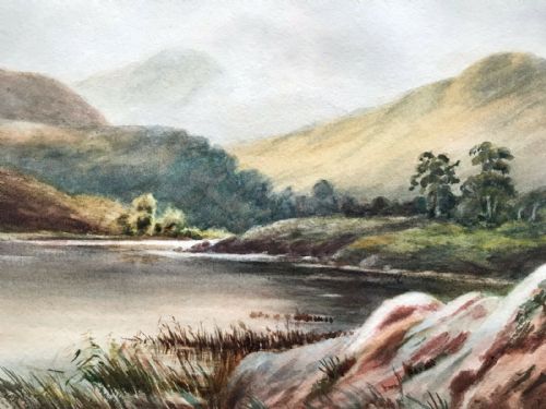 L Vallance Original Antique Watercolour Painting Scottish Highland Lake & Mountain View Landscape